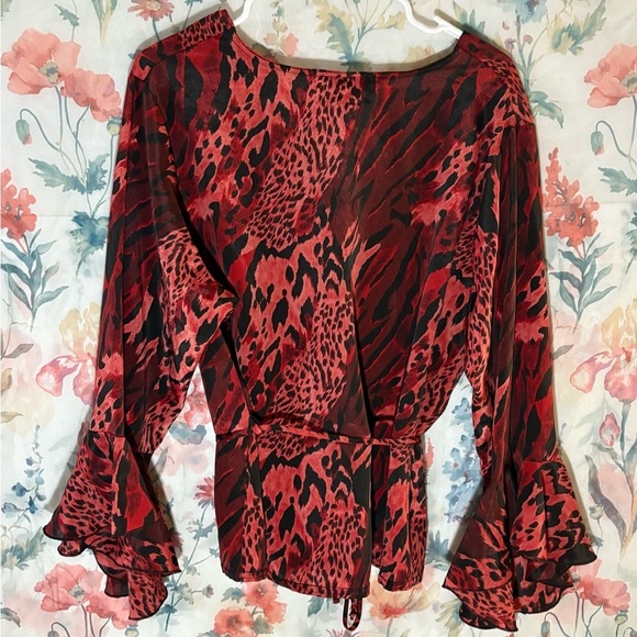 Vintage Animal Print Red and Black Ruffled Bell Sleeve Blouse - Picture 9 of 12
